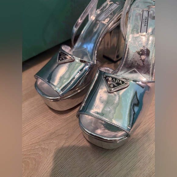 Prada Womens Metallic Leather Platform Heels Silver 41 - Picture 6 of 12
